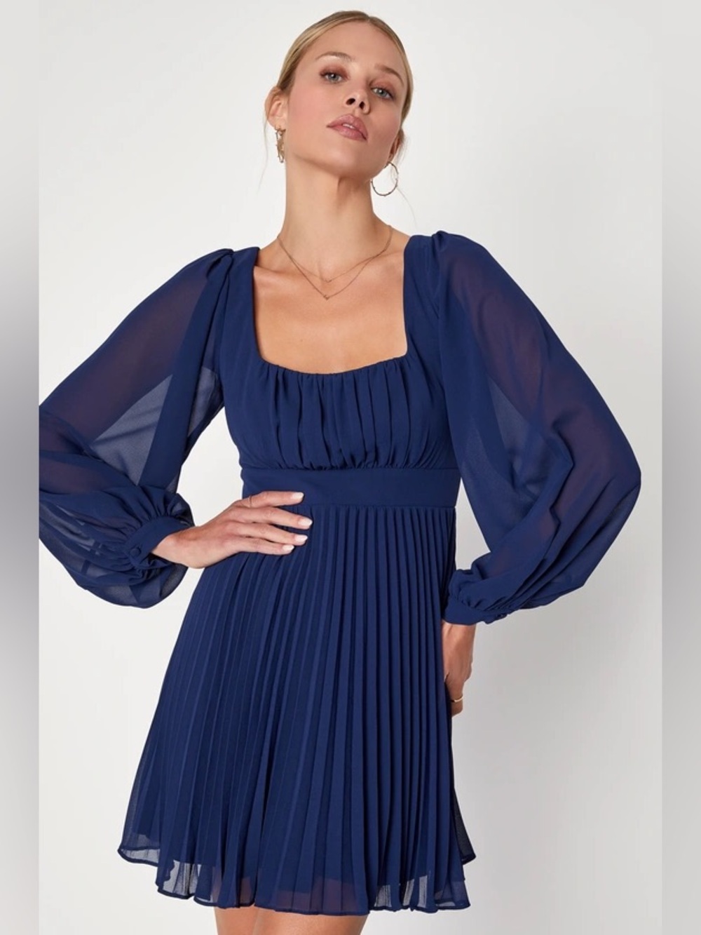 Lulus Lovely Captivation Navy Pleated Mini Dress Large